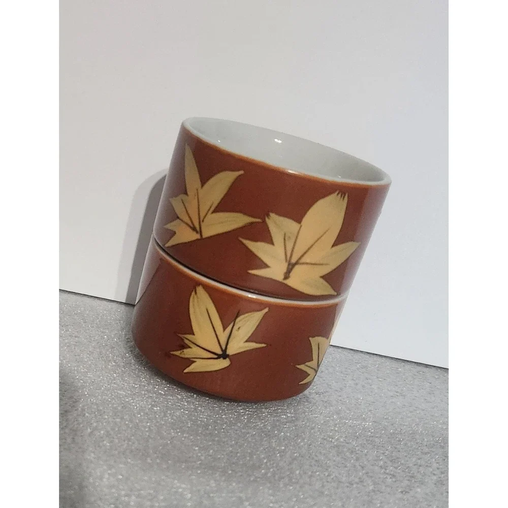 vintage ceramic tea bowls featuring an autumn maple leaf pattern